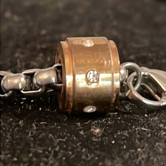 Stainless steel double box chain bracelet w/3- tricolor rings w/crystal accents - Picture 4 of 13